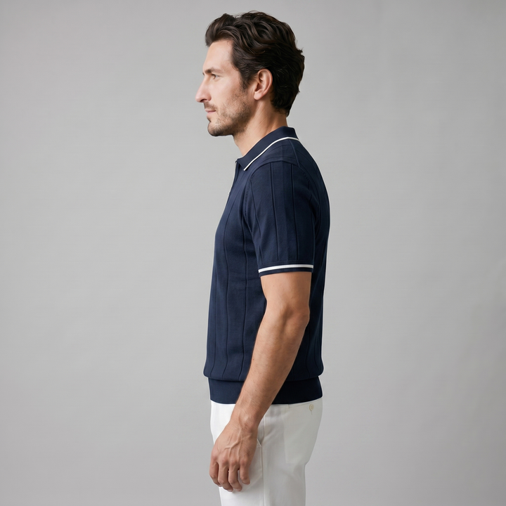 Kortærmet Strikket Poloshirt med Lynlås og Lodrette Striber
