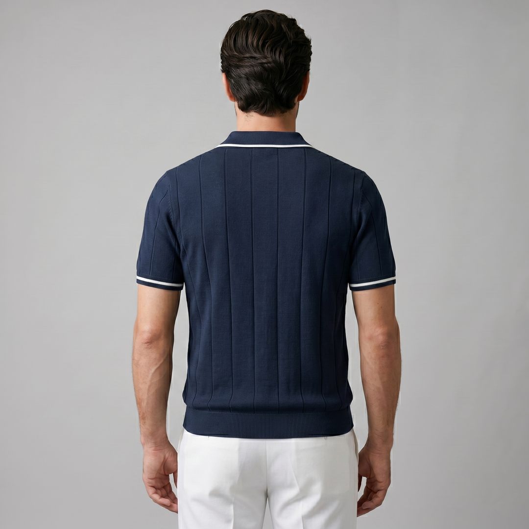 Kortærmet Strikket Poloshirt med Lynlås og Lodrette Striber