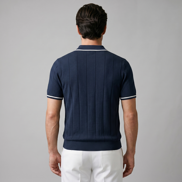 Kortærmet Strikket Poloshirt med Lynlås og Lodrette Striber