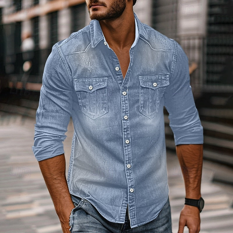Herre Elegante Langærmet Denimskjort