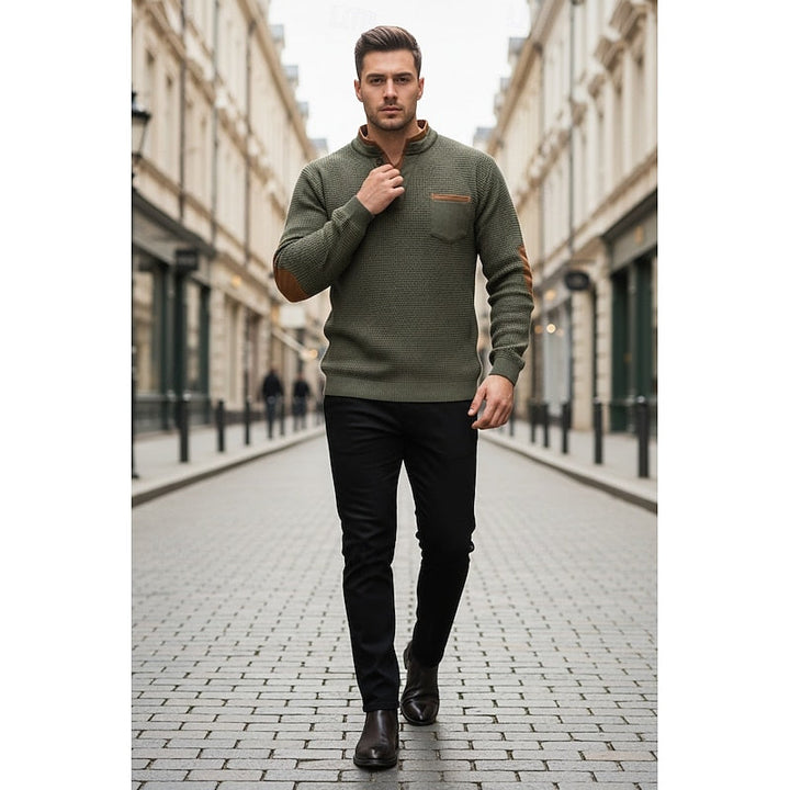 Herre Elegante Henley Sweater med Knapstolpe og Kravedetalje