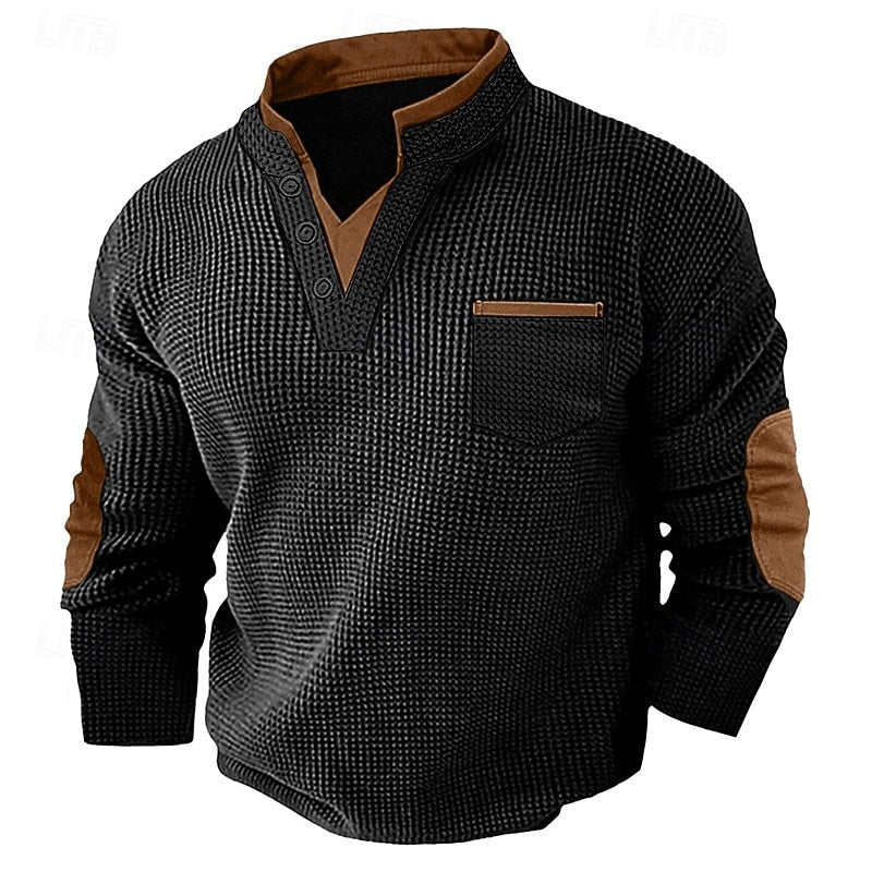 Herre Elegante Henley Sweater med Knapstolpe og Kravedetalje