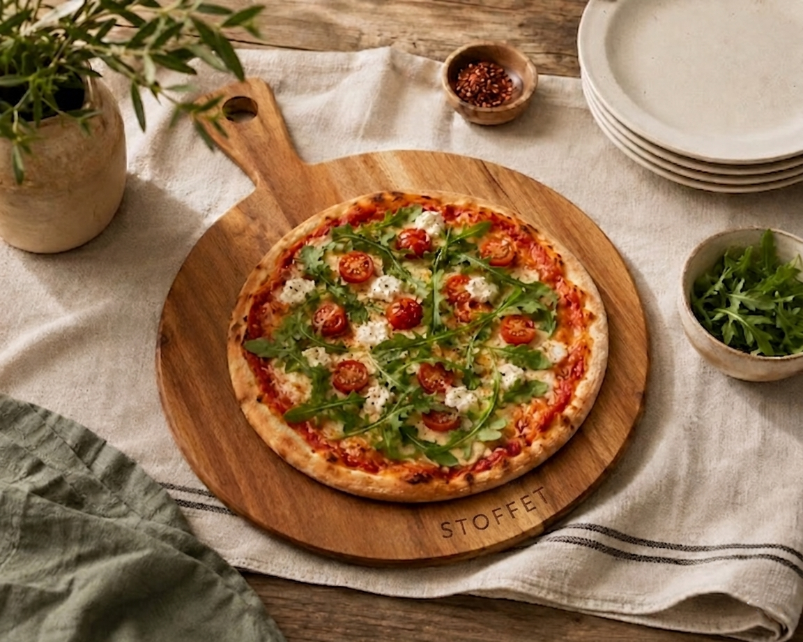Stoffet Rundt Pizzabræt – Serveringsbræt med Håndtag